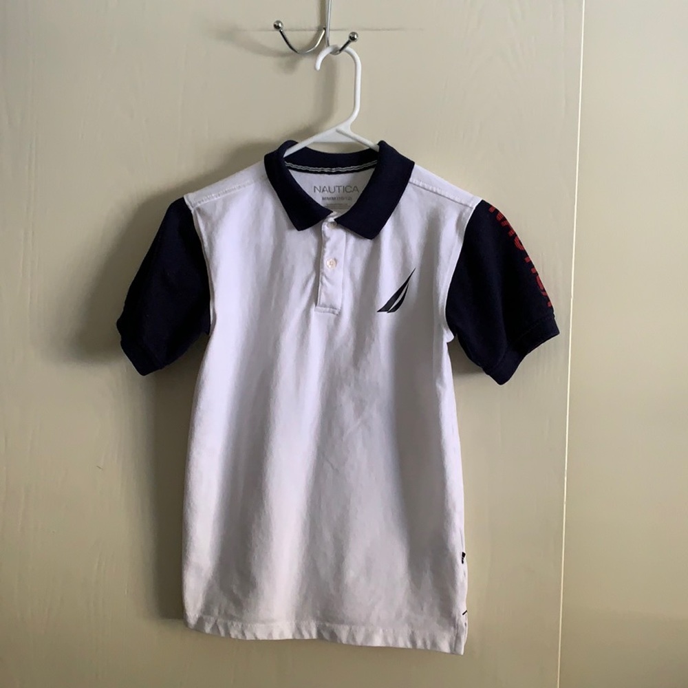 Nautica Boys White Polo Shirt Blue Sleeve & Collar Size M 10/12
